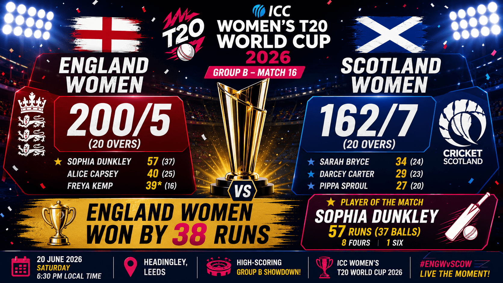 England triumphs over Scotland, T20 World Cup