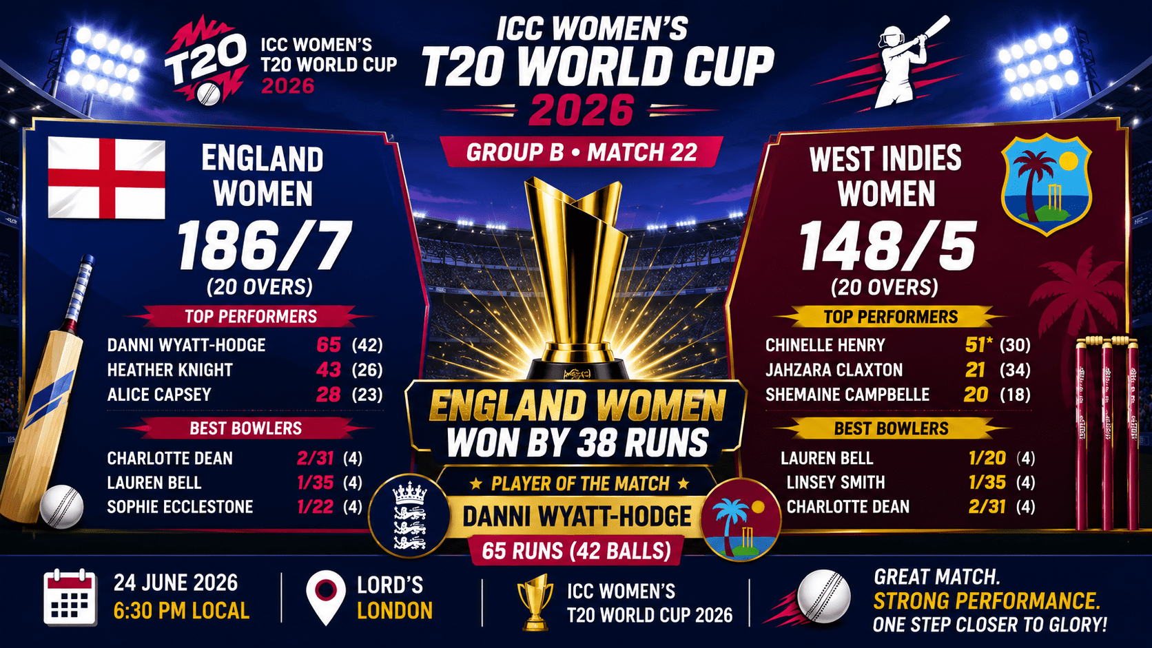 England wins by 38 runs
