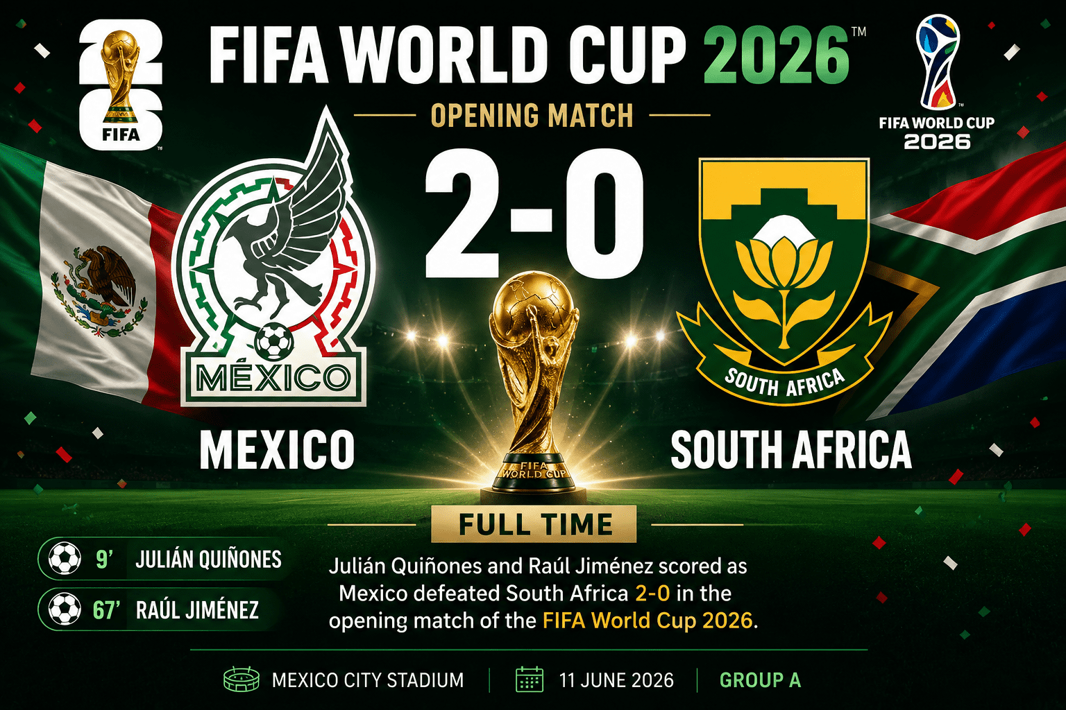 Julián Quiñones and Raúl Jiménez scored as Mexico defeated South Africa 2-0 in the opening match of the FIFA World Cup 2026.